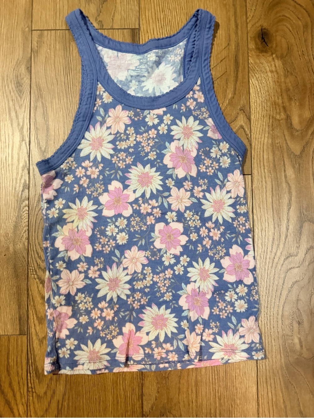 American Eagle Outfitters Blue Floral Ribbed Tank with Pink Flowers